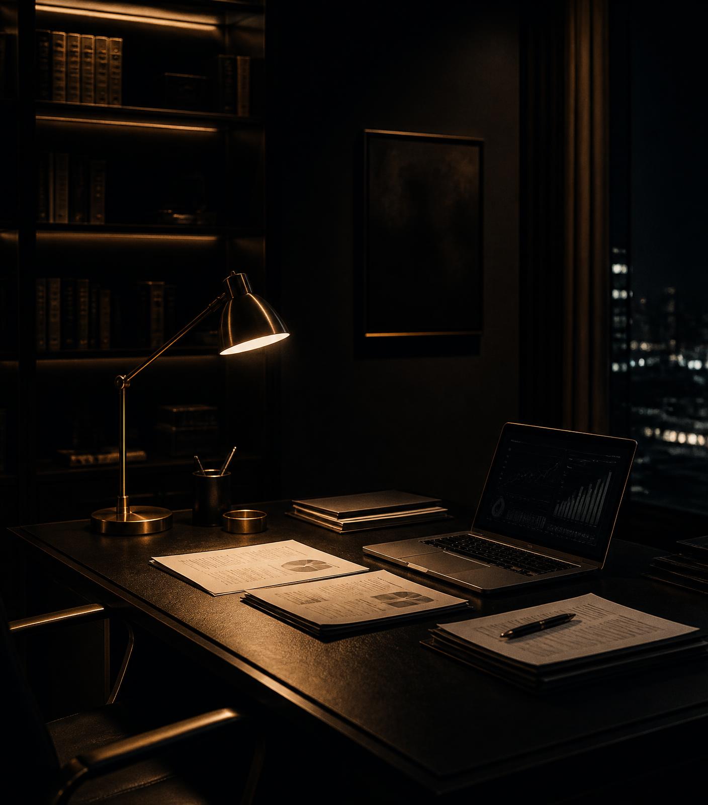 A quiet consultancy desk at night with documents, charts and a single warm lamp